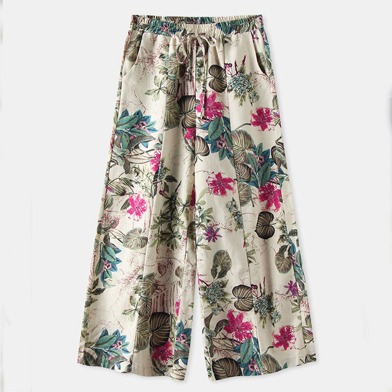 Celana Lurus Pinggang Tinggi Print Floral Linen Katun Musim Panas Celana Kaki Lebar Kasual Longgar Wanita Fashion Antik Celana Panjang Wanita