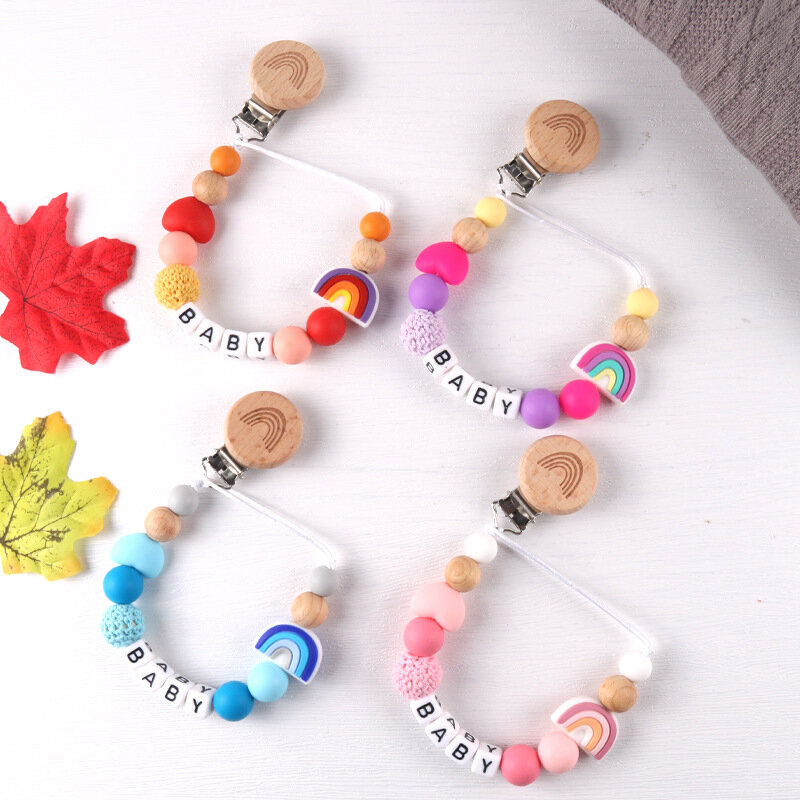 Baby Pacifier Clips Personalized Name DIY Wood Rainbow Dummy Nipples Holder Clip Chain Newborn Teething Toys Newborn Accessories