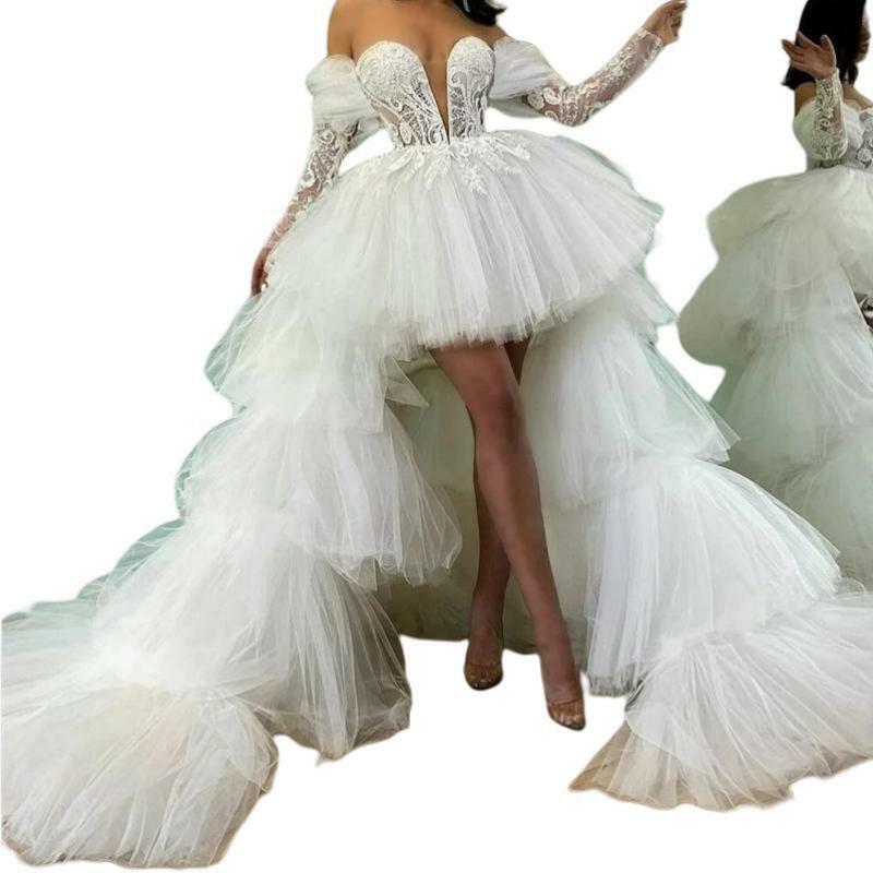 Saudi-Arabisch Luxus Abschluss ball besondere Anlässe Kleider mit abnehmbaren Zug 2024 Spitze Tüll Langarm Abend Hochzeits kleid