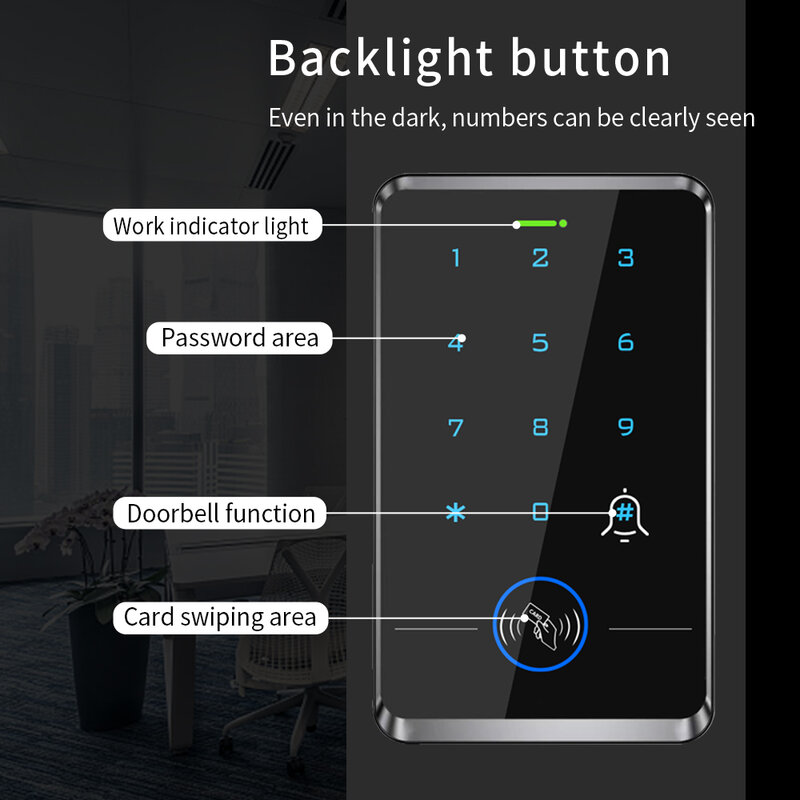 Dc12v rfid 125kHz Zugangs tastatur Hintergrund beleuchtung Touchscreen Panel Standalone-Zugangs kontroll tastatur für den Außenbereich wiegand