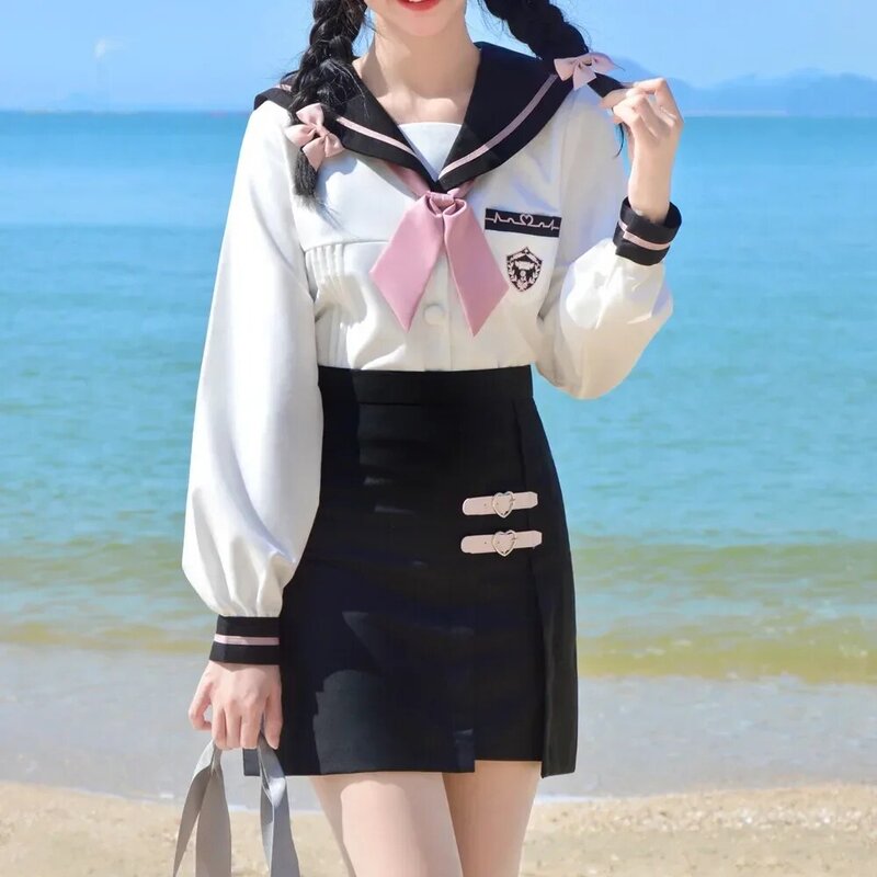 女性のための日本の制服、セクシーな女性のスーツ、ピンクのネクタイの白いトップ、女の子のためのボディコンスカートセット、セーラーコスチューム、jkとcos、韓国と韓国
