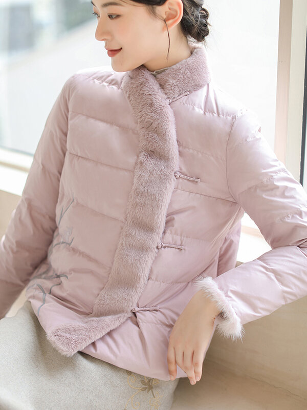 중국 스타일 여성 화이트 덕다운, 당나라 수트 상의, 자수 핑크 퍼플 숏 경량 다운 재킷