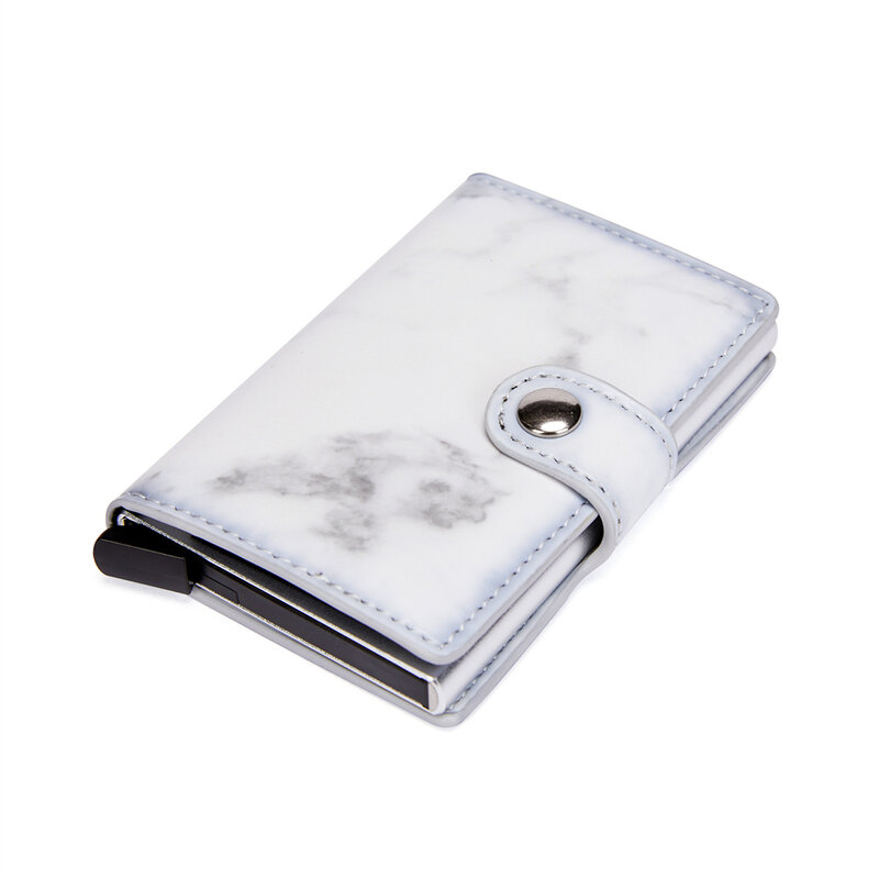 Tarjetero de PU marmoleado para hombre y mujer, billetera con bloqueo RFID, tarjeteros de visita, monedero con broche de diseño de hebilla