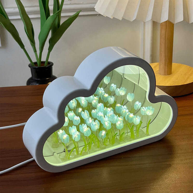 Diy Cloud Tulip Led Night Light Mirror Table Lamps Bedroom Ornaments Gift
