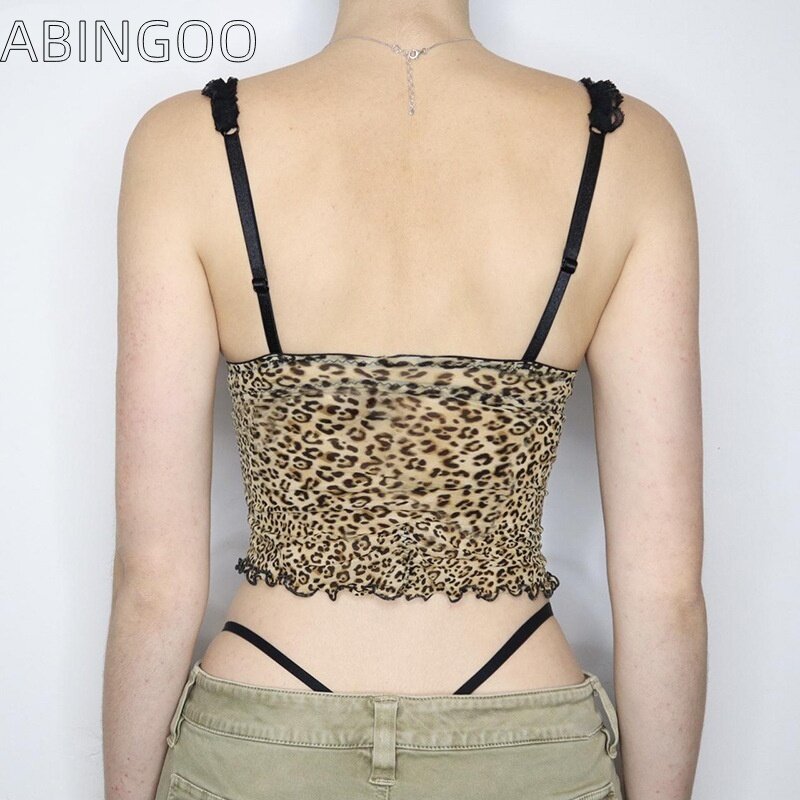 ABINGOO Retro Leopard Print Crop Top Sexy Bow Lace Inner Layup Camisole Night Party Club Corset Wooden Ear Edge V-neck Tank Tops