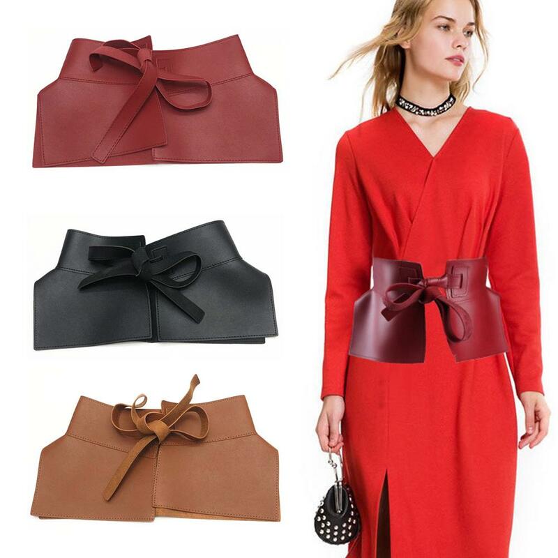 Retro Bow Tie Wide Waistband Women Pu Leather Solid Personalized Belt Comfortable Adjustable Bands L4b9