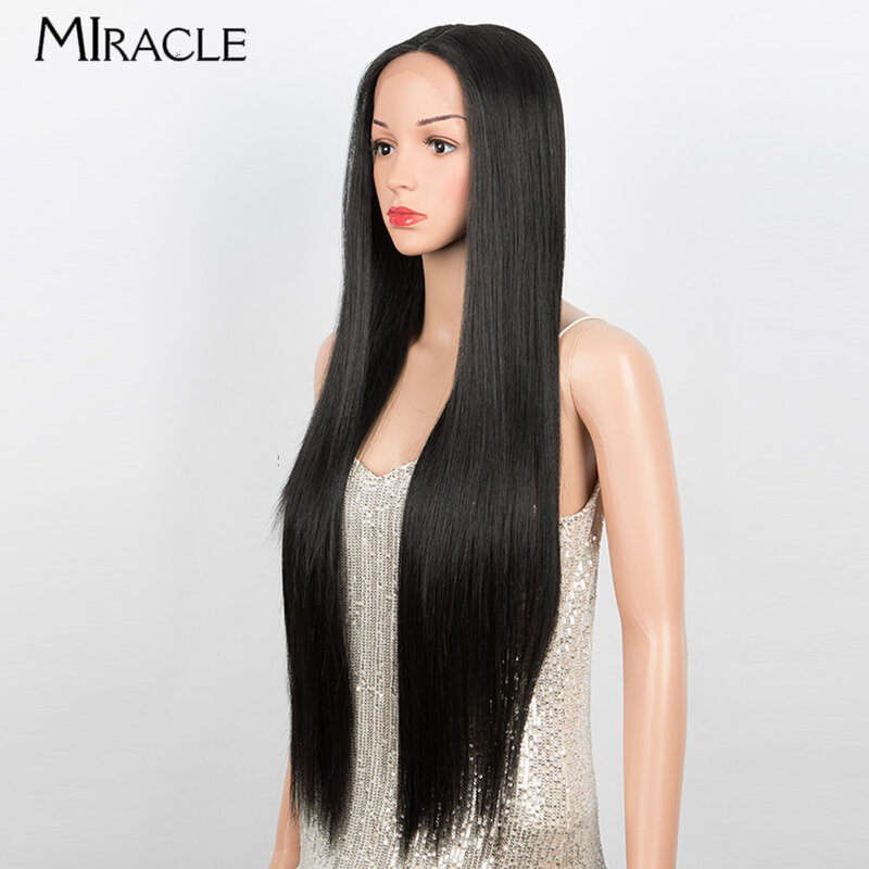 MIRACLE 34 Inch Long Straight Synthetic Lace Front Wigs for Women Cosplay Straight Lace Wig Black 613 Green Pink Wig