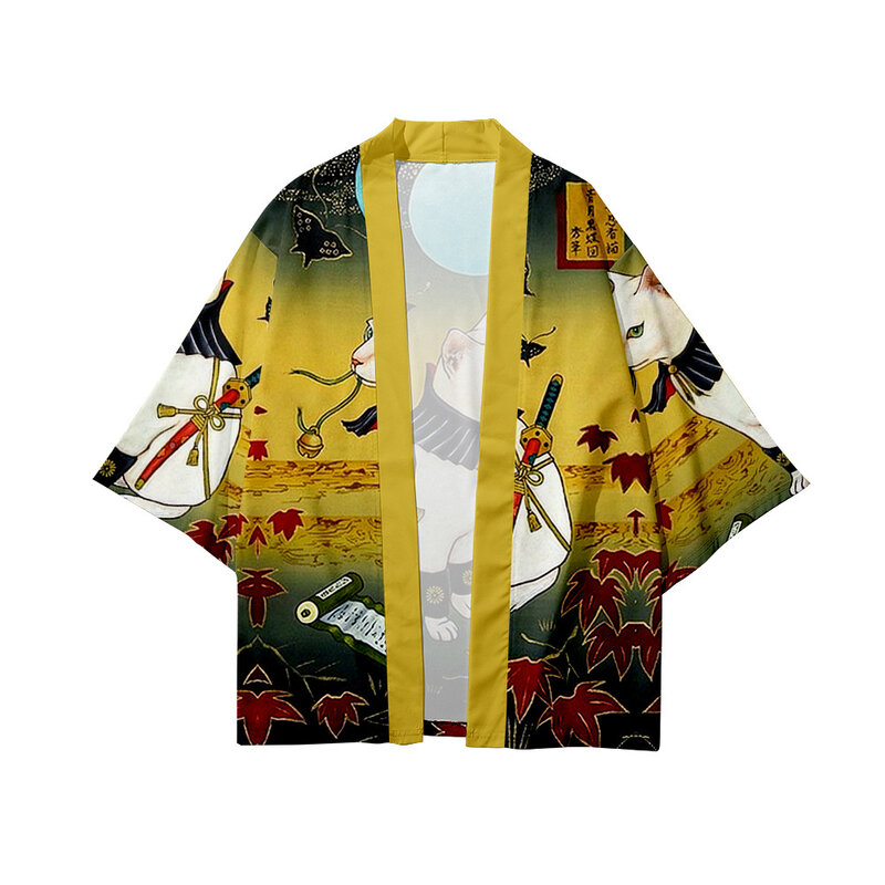 Streetwear Cardigan Demon Samurai Cat Print Shirt abbigliamento tradizionale Haori Kimono donna uomo Harajuku giapponese Beach Yukata Top
