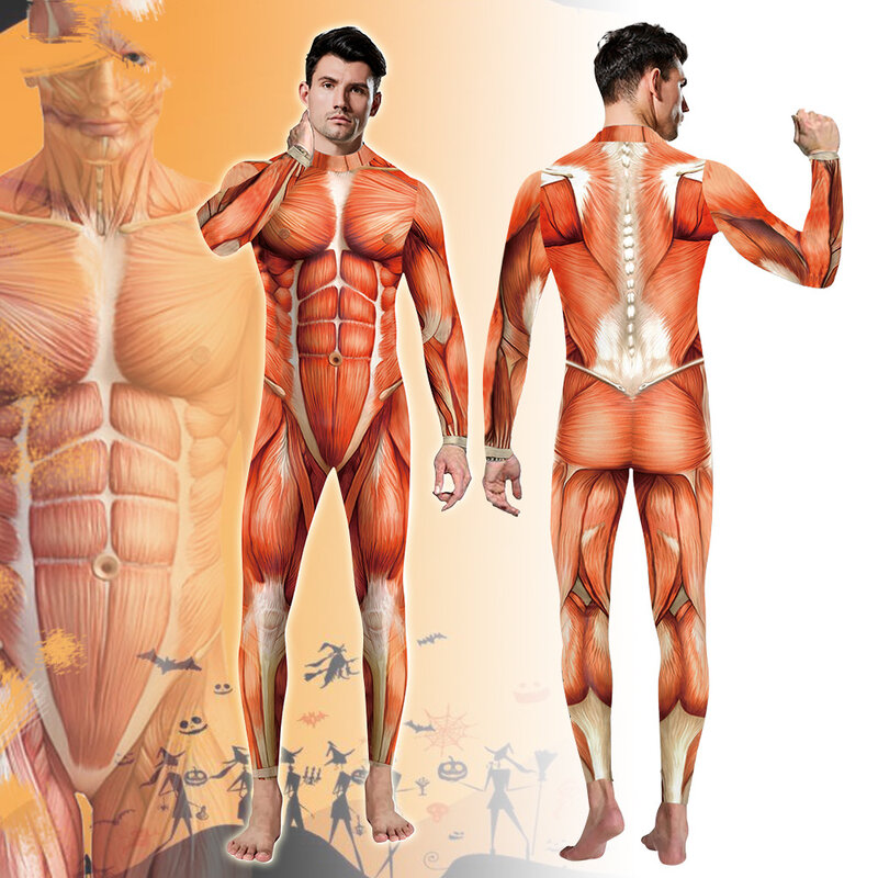 3D Party Muscle Impresso Macacão Elástico, Traje de Halloween, Cosplay Bodysuit, Anatomia Humana Anatomia Corporal, Catsuit