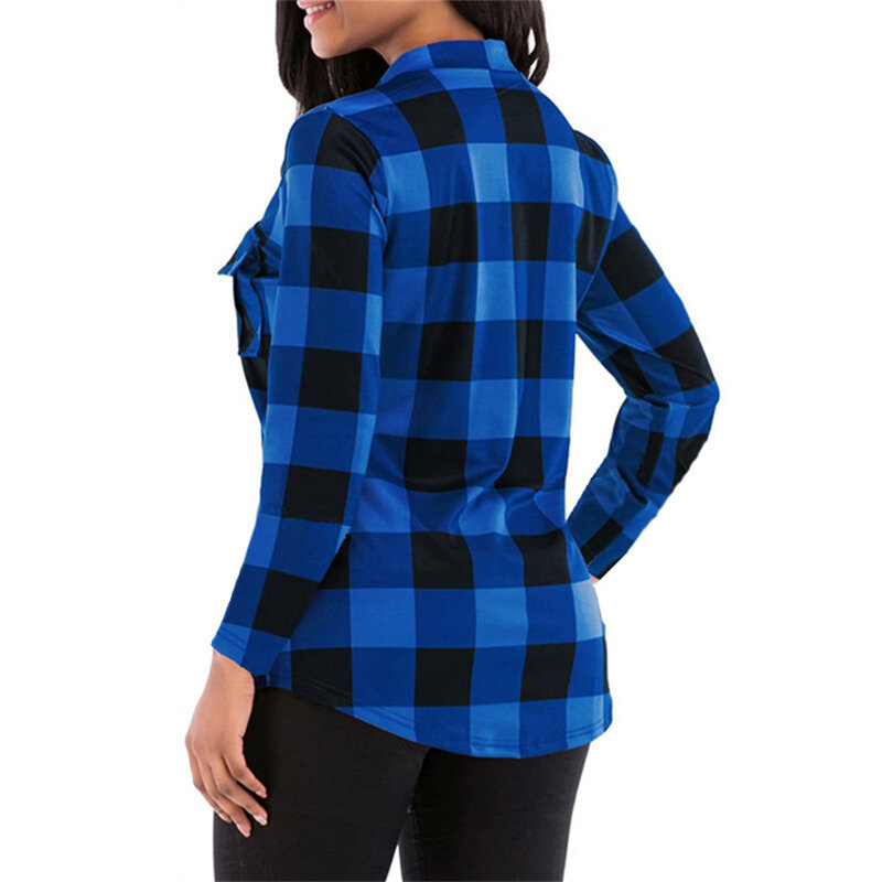 2022 novo outono feminino camisa xadrez senhoras casual manga comprida blusa sexy decote em v profundo rendas até bolso camisa feminina topos túnica