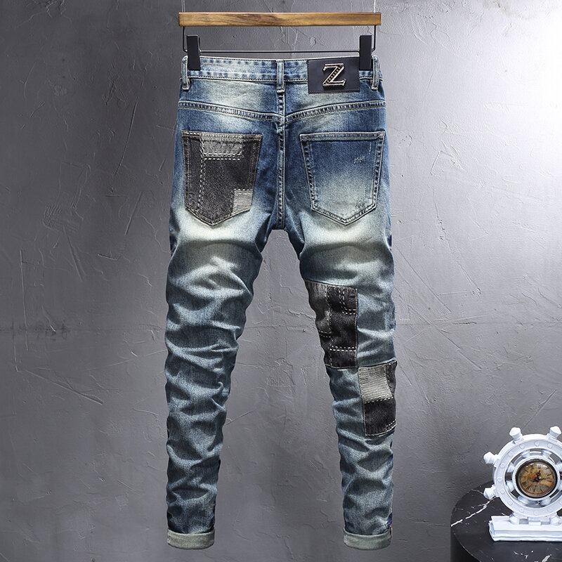 High Street Moda Homens Jeans Retro Azul Escuro Elastic Stretch Skinny Fit Ripped Jeans Men Spliced Patched Designer Hip Hop Calças