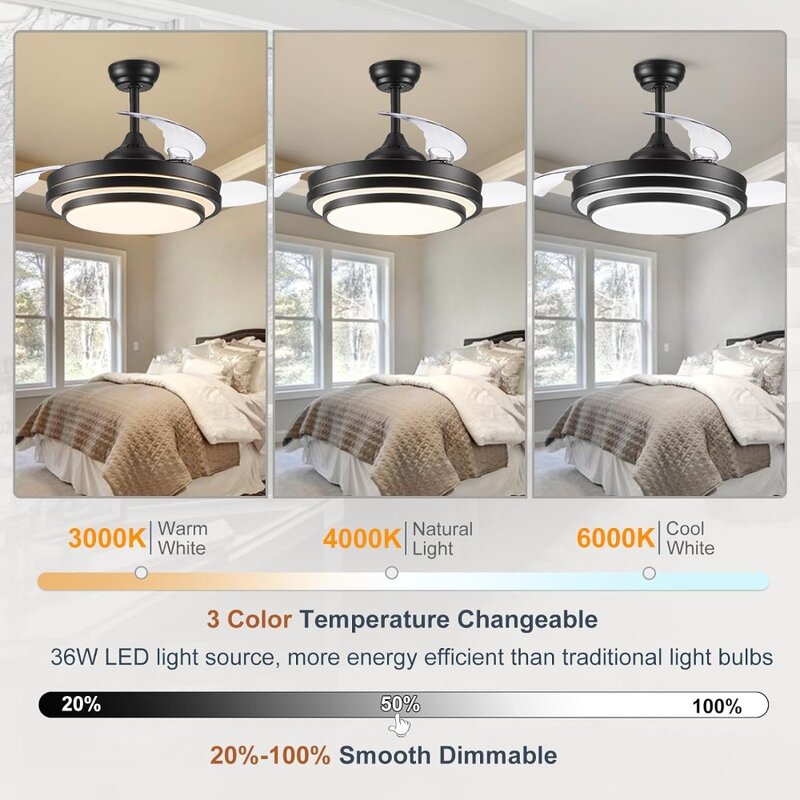 Intelligent retractable ceiling fan with light remote control, 42 inch silent and dimmable black modern fan ceiling fan