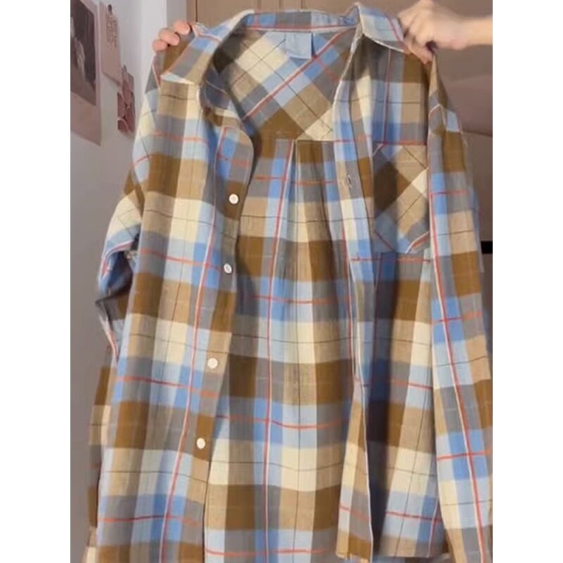 Plaid shirt Women's New Thin Coat Long Sleeve Japanese-Style Retro Loose Design Top