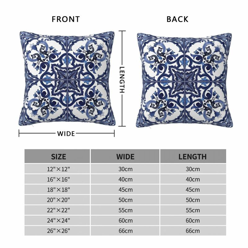 Blue Ornate Floral Mediterranean Sicilian Tile Square Pillowcase Pillow Cover Cushion Comfort Throw Pillow for Home Bedroom