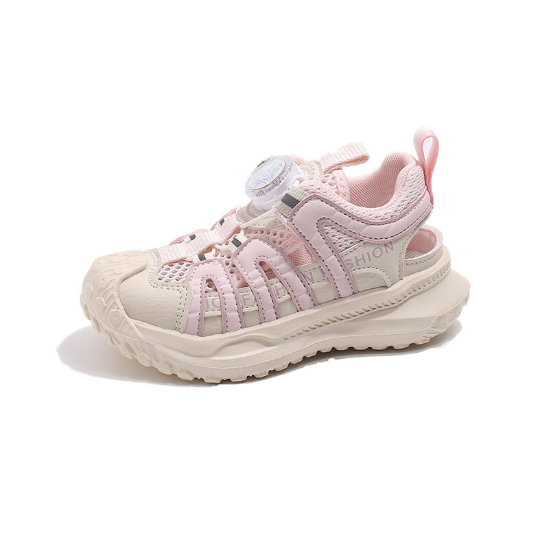 Chaussures de sport pour filles et garçons, sandales respirantes en maille simple, surface creuse, bouton rotatif, été, nouveau, 2024