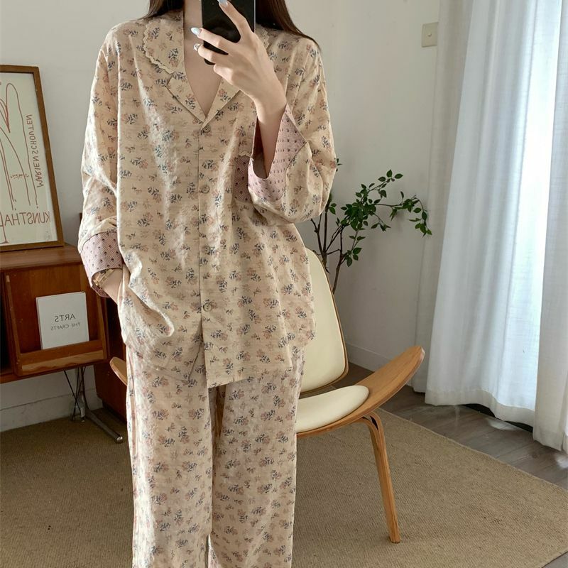 Lente Herfst 2024 Nieuwe Nachtkleding Dames Vest Lange Mouwen Bloemen Pyjama Set Koreaanse Stijl Casual Sweet Student Homewear Pak