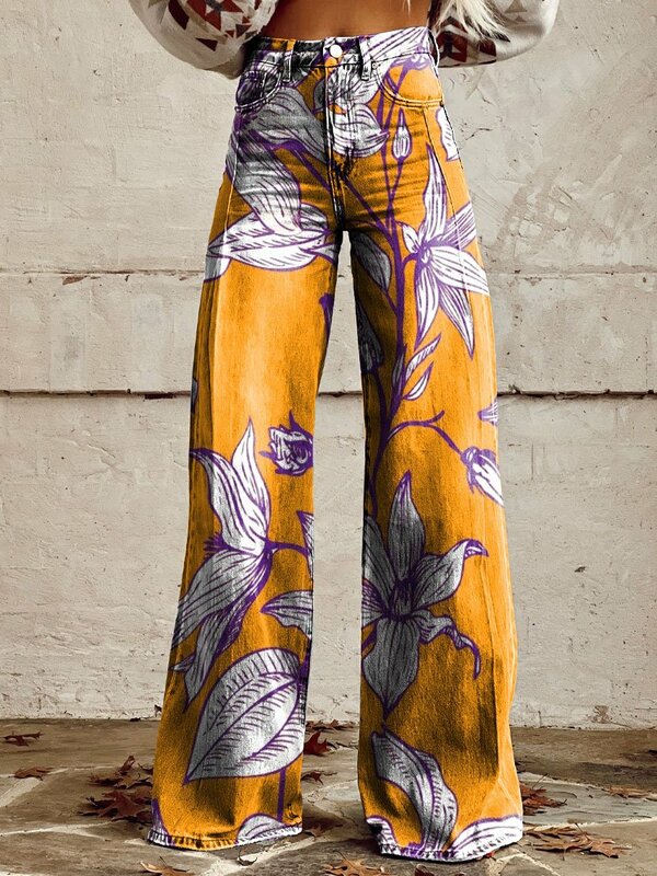 Женские длинные широкие брюки из искусственного денима, удобные походные брюки в стиле бохо с цветочным принтом и завышенной талией, желтые