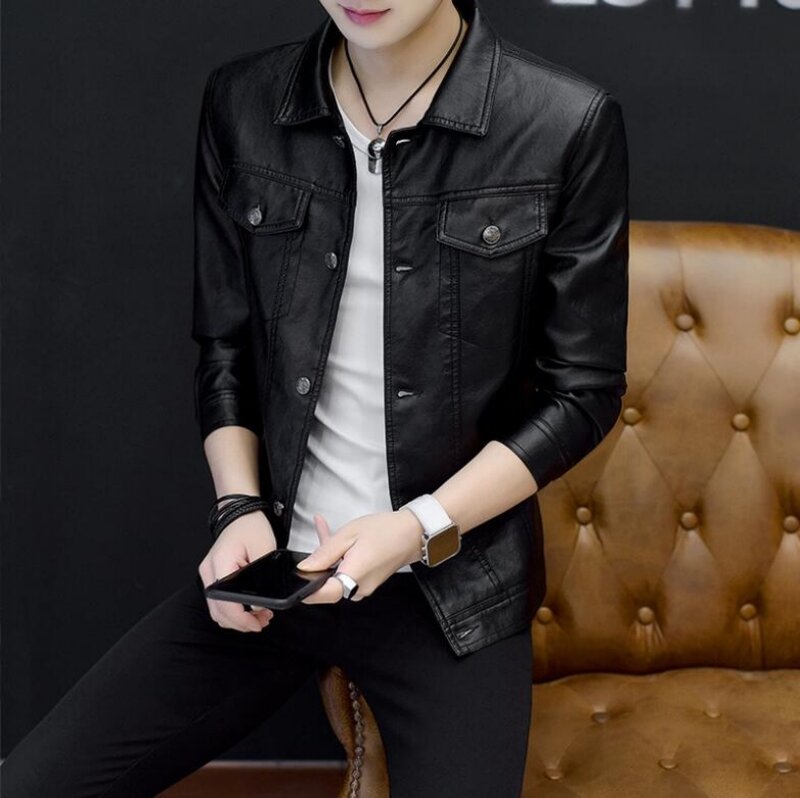 2023 Men's Fashion Youth Lapel Faux Leather Jacket Korean Casual Slim Locomotive PU Leather Coat Man Shirts Jacket Male Clothing