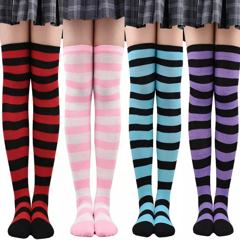 Gestreepte Dijhoge Kousen Dames Meisjes Zwart Wit Roze Lang Boven De Knie Sokken Cosplay Lolita Harajuku Y 2K 2024
