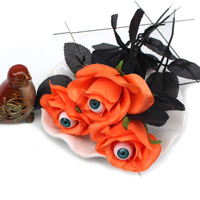 Flor Artificial com Globo Olho, Rosa de Horror, Flor Falsa Preta, Suprimentos Halloween, Acessórios Cosplay, 41cm, 1Pc