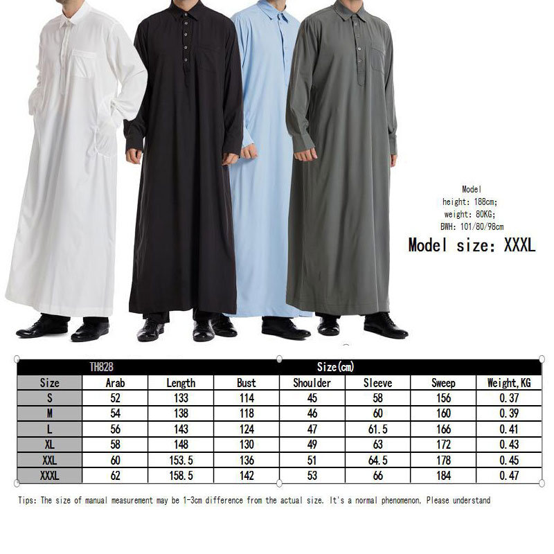 Árabe muçulmano Thobe para homens, Jubba Thobe, manga comprida, gola virada para baixo, Ramadã, Abayas Masculino, Dubai, Túnicas de Turquia, Qamis, Kaftan Marroquino