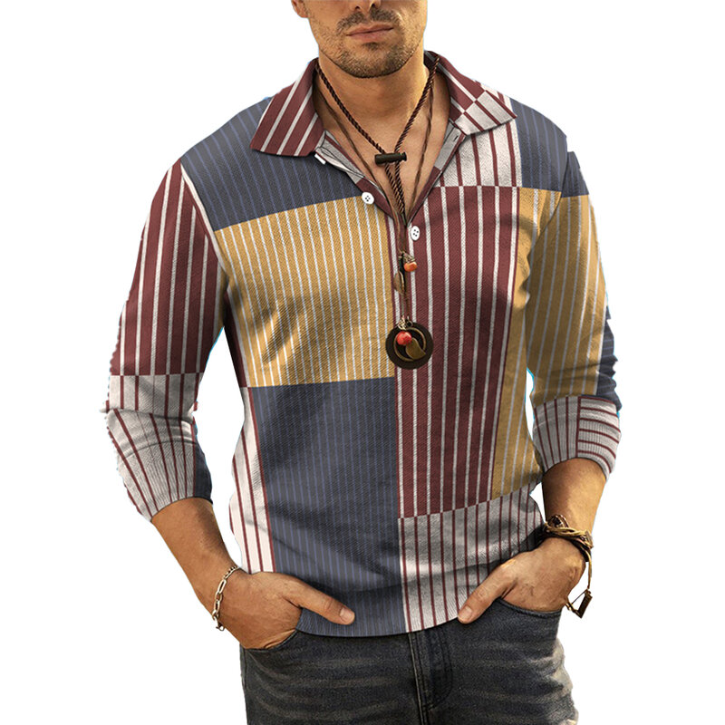 Jersey atlético con cuello de solapa para hombre, Blusa estampada de manga larga, camisetas abotonadas, tela de poliéster informal y deportiva