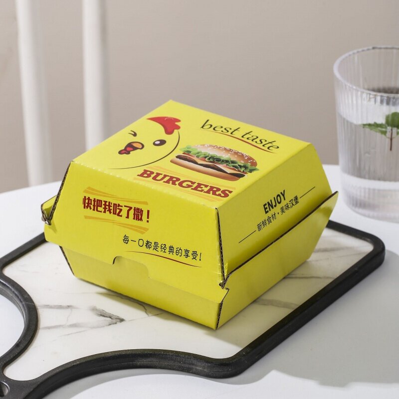 Kunden spezifisches Produkt 100% Lebensmittel qualität To-Go-Behälter wasserdichte Papier Burger Box Aluminium folie mit Griff laminiert