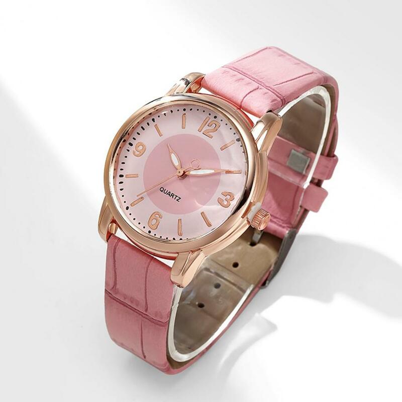 Relógio de alta precisão feminino com pulseira de couro falso, elegante mostrador redondo de duas cores, vestido feminino elegante para meninas