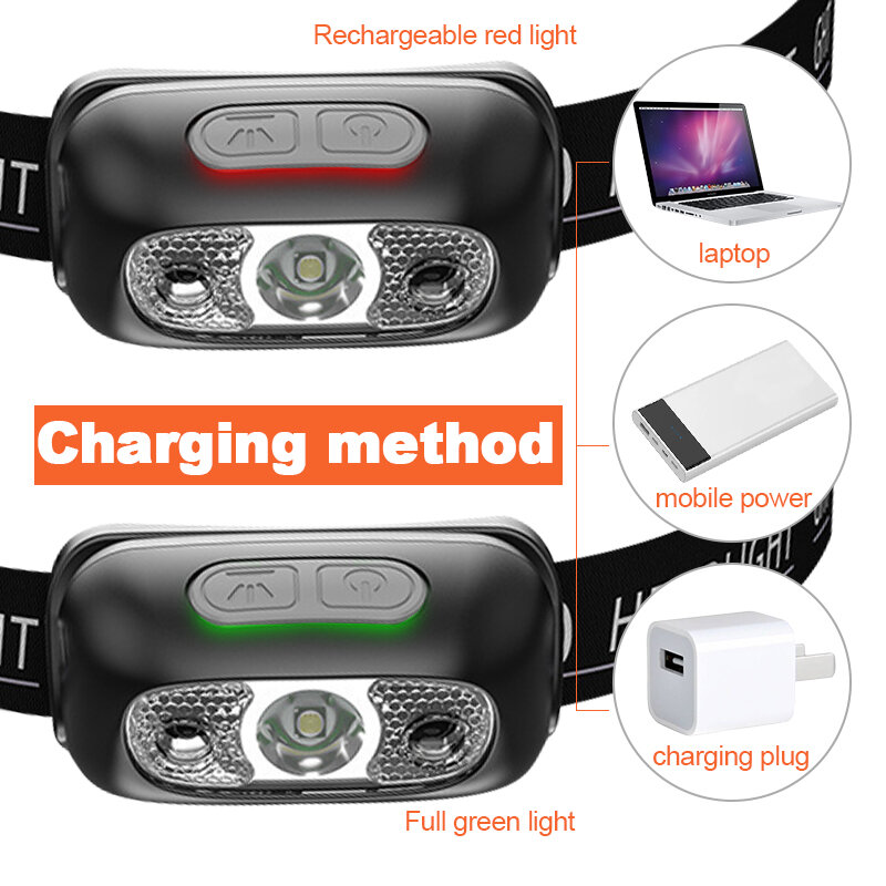 Linterna frontal potente con Sensor LED, Mini linterna recargable por USB, luz de búsqueda portátil para acampar