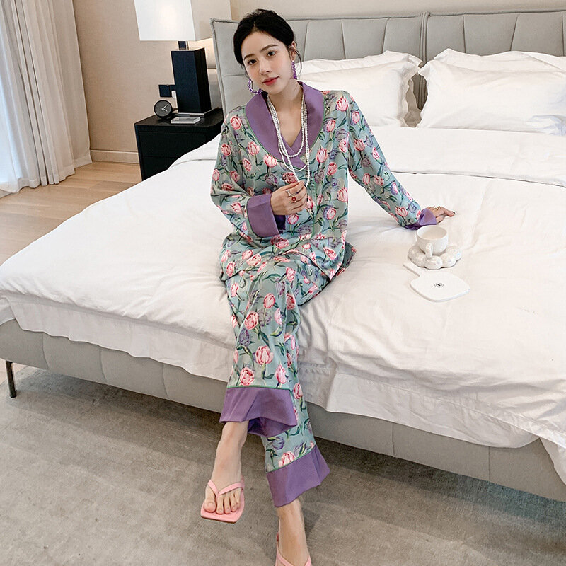 Jesień Ice-jedwabne piżamy damskie z długim rękawem abstrakcyjny wzór odzież domowa Lapel drukowanie Pijamas kobiety spodnie Pijama Mujer