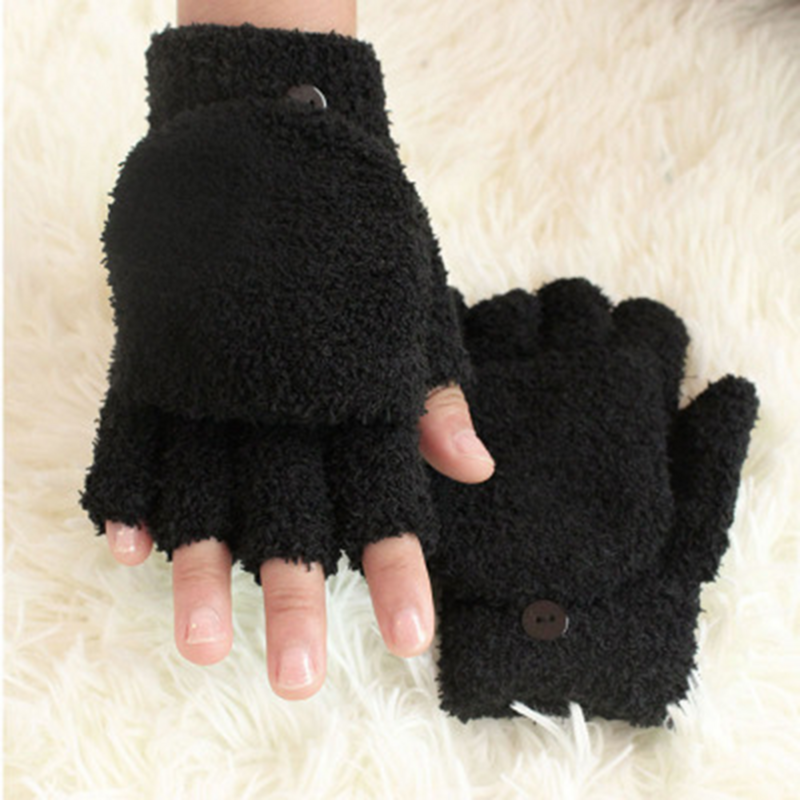 Women'S Half Finger Gloves Winter Soft Coral Fleece Gloves Cold-Proof Warmer Thick Warm Student Writing Flip Cover  Mittens