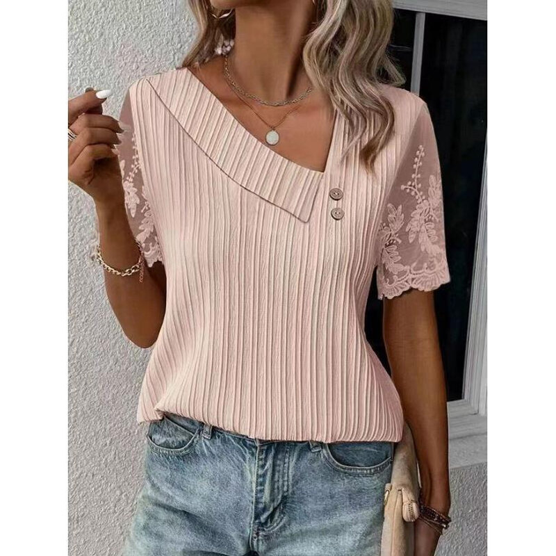 Summer Simple Casual Shirt Skew Collar Lace Short Sleeve Elegant Blouse Women Loose Casual T-shirt Buttons Tops for Women 28326