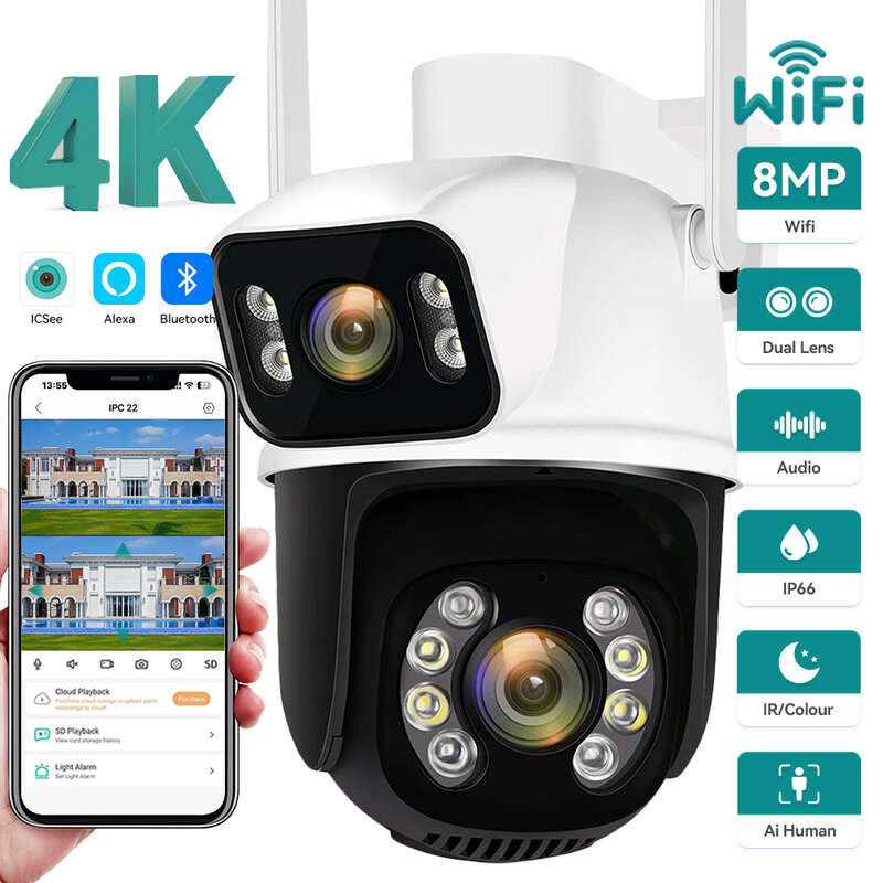 Câmera IP Outdoor Dual Lens com Wi-Fi, Câmeras de Vigilância, Detecção Humana, Tela Dupla, 4K PTZ, ICSEE, 8MP, 6MP
