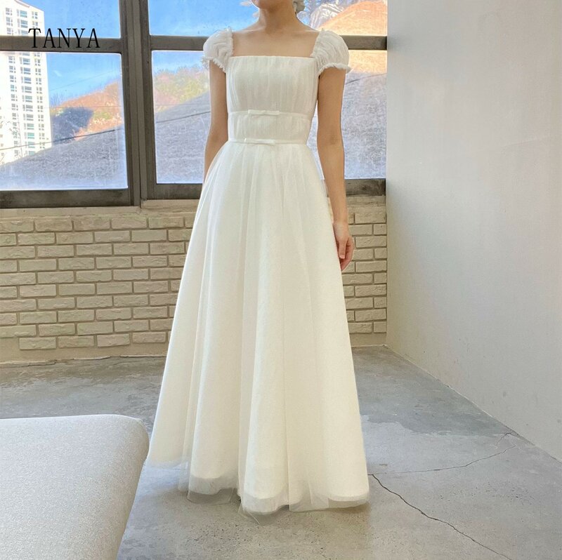New Tulle Square Collar Wedding Dress Short Sleeves Lace Up Back Wedding Photoshoot Bridal Party Dress A Line Simple Bridal Gown