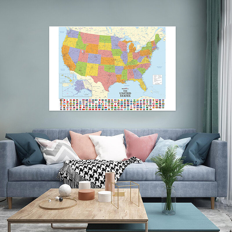 Non-woven Fabric Vintage America Map with Country Flag 100x70cm Art Poster School Travel Study Supplies Living Room Decor