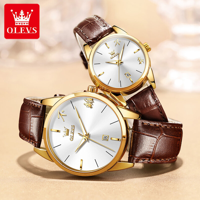 OLEVS парные Кварцевые часы Роскошный кожаный ремешок китайский дисплей простой календарь водонепроницаемые светящиеся парные наручные часы Reloj