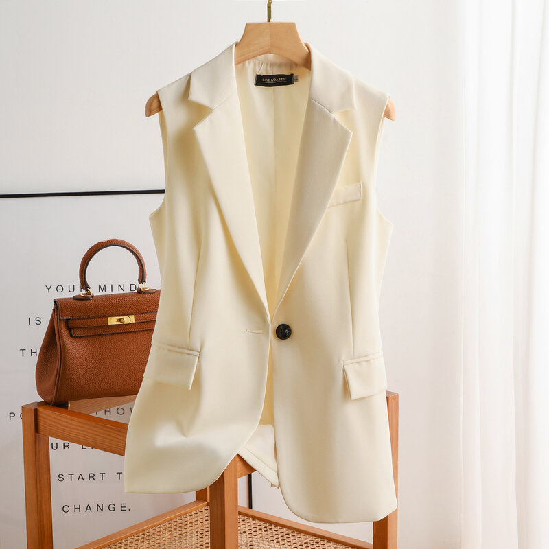 Women's Lapel Collar Vest Coat  All-Matched Single Breasted Sleeveless Classic Solid Color Chic Vintage Office Lady Jacket