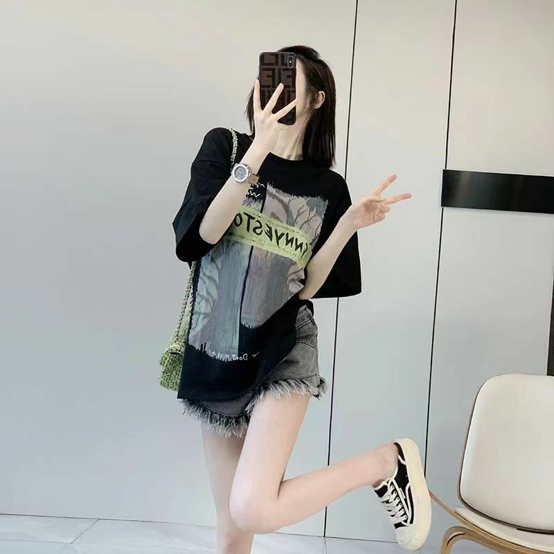 Blusa feminina casual de manga curta, blusa estampada com gola O, camiseta solta que combina com tudo, roupas de verão, nova moda coreana, 2024