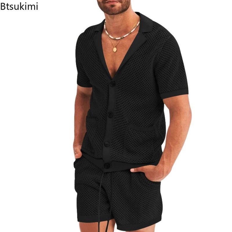 2024 Men's Summer Tracksuit Casual 2 Pieces Fashion Hollow-out Short Sleeve Tops and Short Sets Men Solid Joggers Sport Clothing