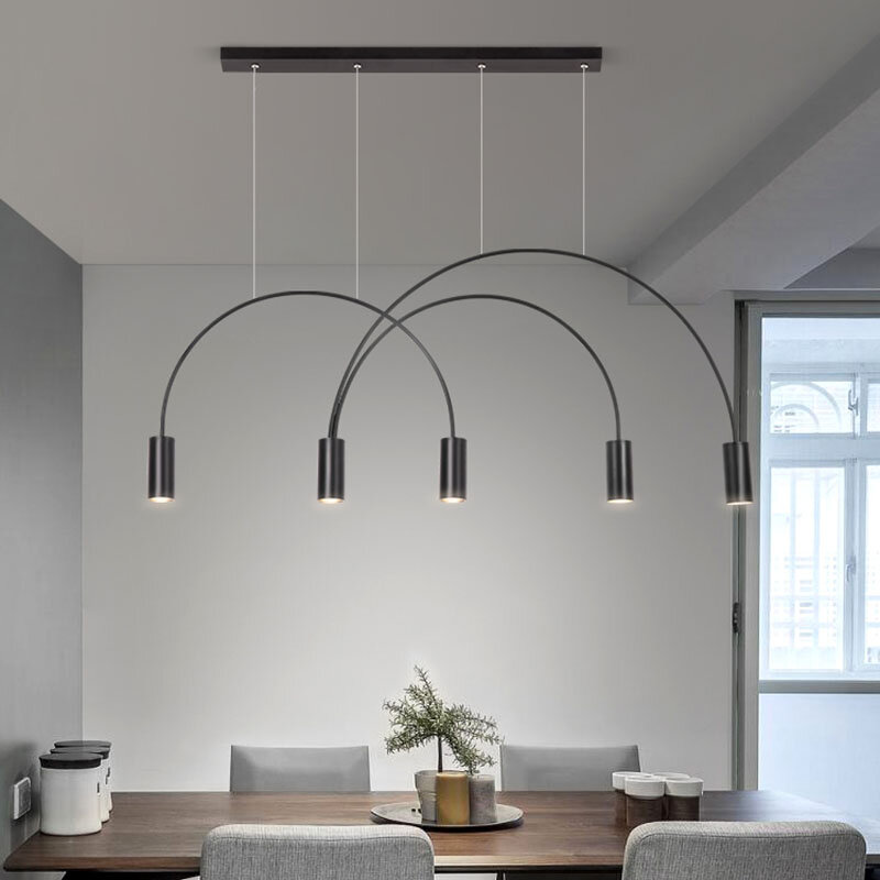 Lampu Gantung LED Garis Geometris Nordic, Lampu Gantung Bentuk Melengkung Hitam Emas Modern E27 untuk Ruang Makan Toko Kain Lampu Bar