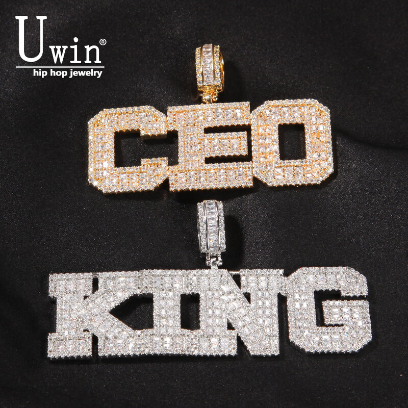 Uwin-collar con nombre personalizado, colgante con letras de Baguette, circonita cuadrada, placa con nombre personalizada, joyería de hip hop
