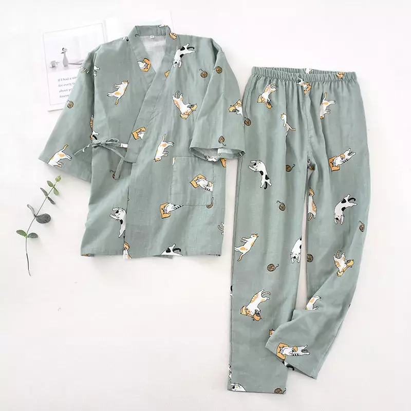 Conjunto de pijamas de kimono de estilo japonés para mujer, ropa de casa de gasa de algodón 2024 de siete mangas, bonita y dulce, primavera y otoño, novedad de 100%