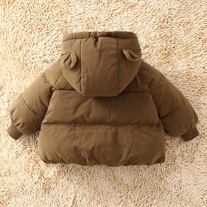 Mantel bulu angsa untuk bayi, jaket Luaran tebal musim dingin 2023, pakaian salju parka katun bertudung polos untuk anak laki-laki dan perempuan