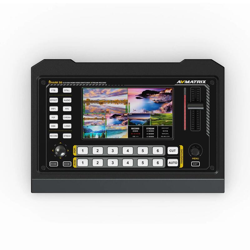Avmatrix-conmutador de vídeo Shark S6 de 6 canales, disco USB de 5 pulgadas, tarjeta SD, mezclador de Audio, Control de cámara PTZ para transmisión en vivo