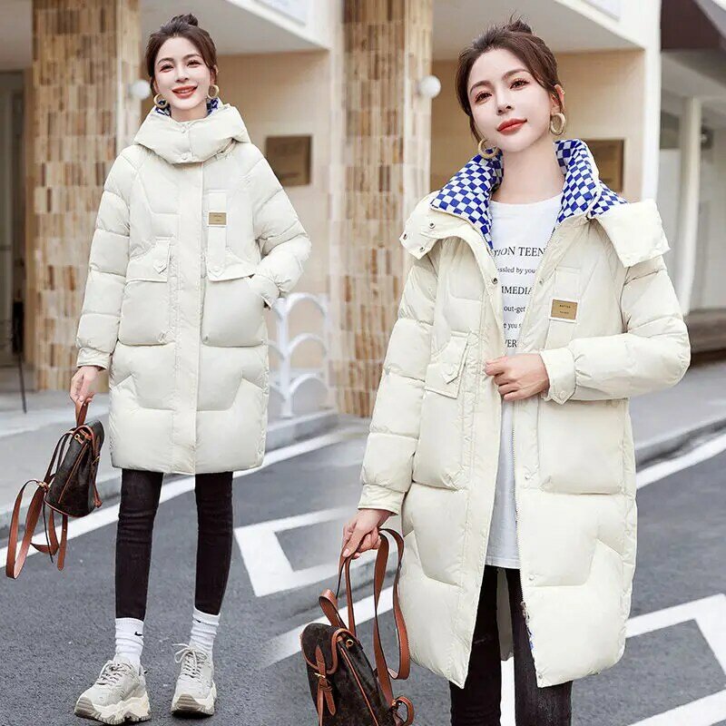 Jaqueta coreana de penas puffer feminina, casaco longo grosso para baixo, casacos acolchoados