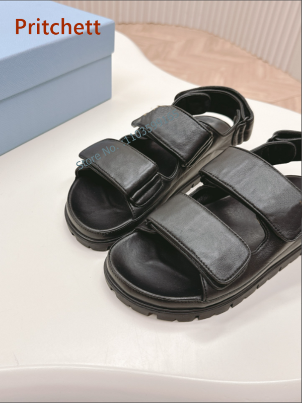 Sandálias planas sólidas com dedo redondo, Hoop and Loop, Sapatos rasos de couro de costura, alto aumento, antiderrapante, moda confortável