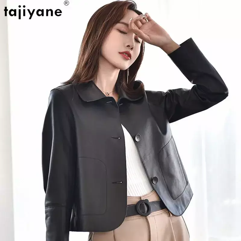 Tajiyane-jaqueta de couro verdadeira feminina, casaco de pele de carneiro genuíno, casacos de couro de peito único, moda curta, 2023