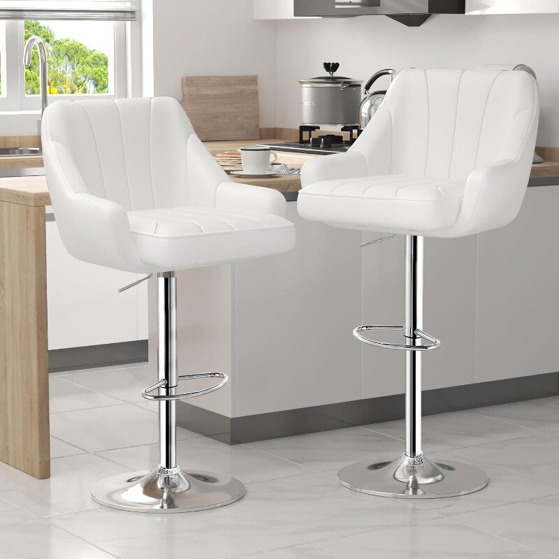 Stołki barowe zestaw 2, regulowane stołki barowe, stołki wysokości z oparciem i ramieniem, wyspa kuchenna, obrotowe krzesła PU