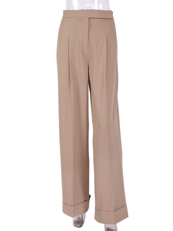 Mnealways18-pantalones de oficina para mujer, pantalón de cintura alta con bolsillos, plisado, de piernas anchas, color negro, para primavera y verano, 2024