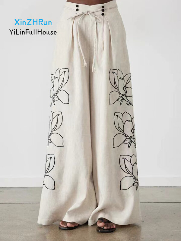 Baju Wanita Lengan sebaris, musim semi musim panas baru cetak Polo leher gelembung atasan pinggang tinggi cetak celana kaki lebar Set wanita